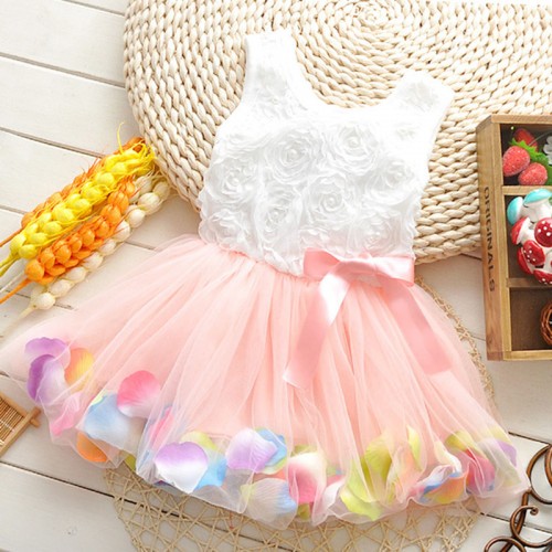 BABY GIRLS DRESS - Flower Rose Petal Hem Dress Pink