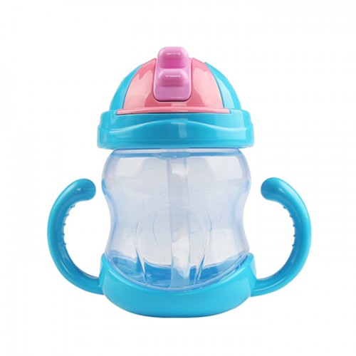 AA - Cute Baby Learn Feeding Drinking Water Straw Handle Bottle Blue